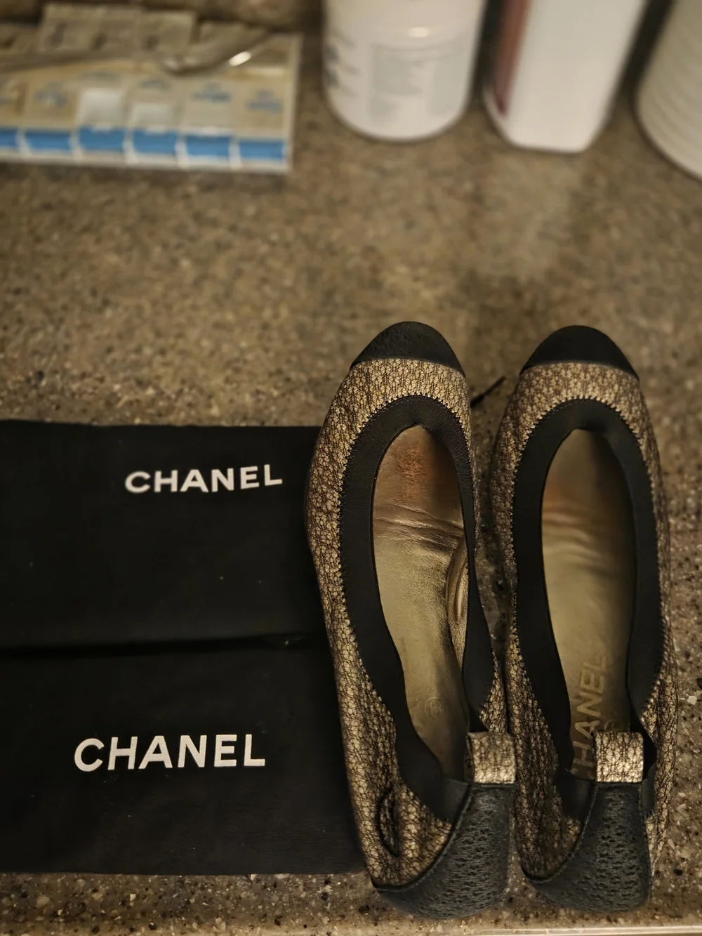 AUTHENTIC CHANEL Black and Gold SILK Metallic Ballet Flats